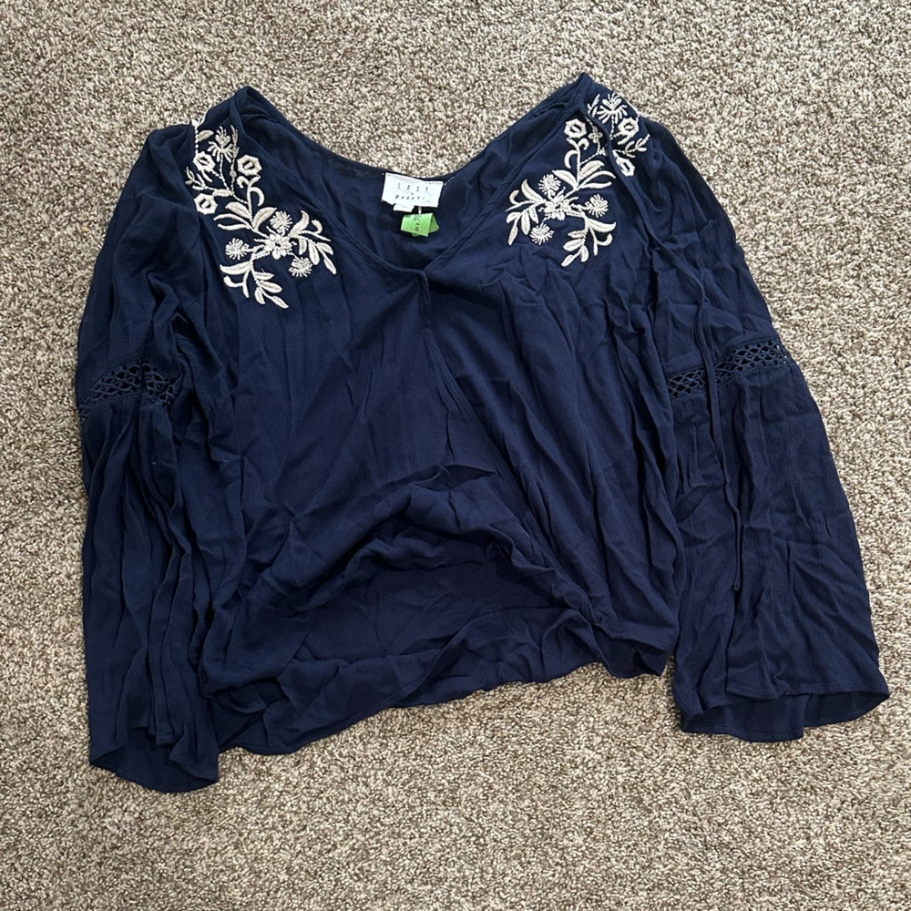 Navy Blue Blouse with White Embroidery